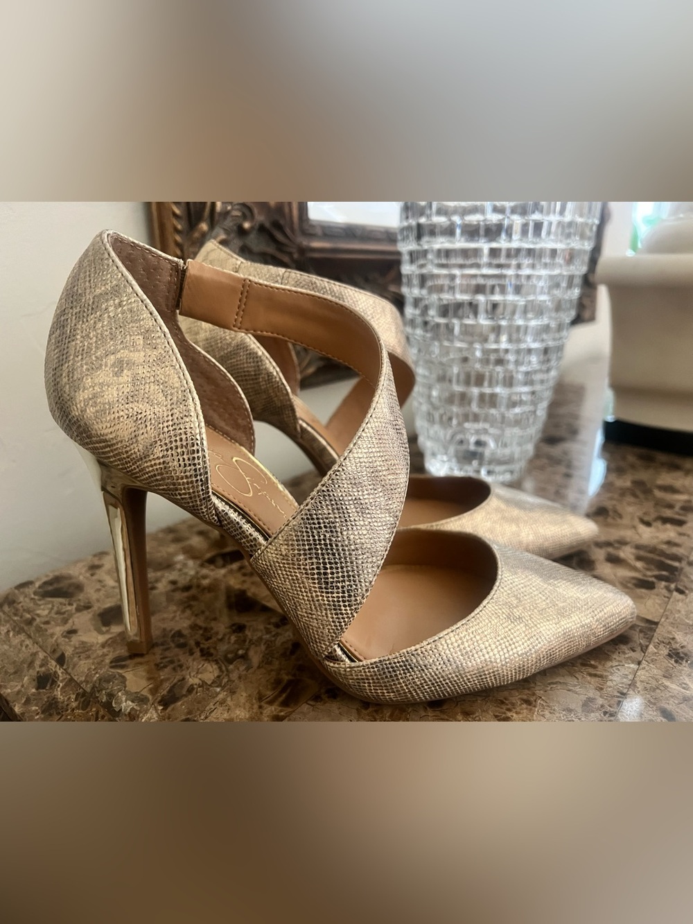 Jessica Simpson Metallic Gold Crisscross Pointed Toe Heels